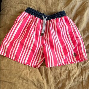 Kids Pink & White Stripe Swim Trunks with Navy Waistband